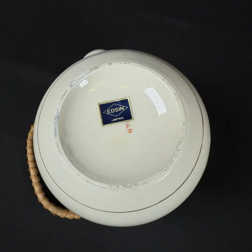 Edsin Bamboo Flowers White Ceramic Teapot with Wicker Handle Made in Japan